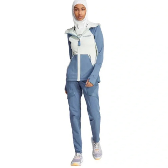 adidas Women's M Medium Terrex Tech Fleece Hooded Jacket NWT Blue Light Green - Picture 10 of 16